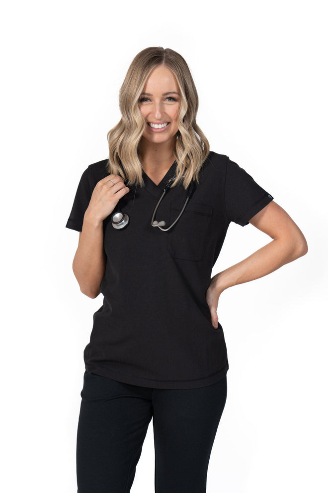 Women's One Pocket Scrub Top V-Neck Black