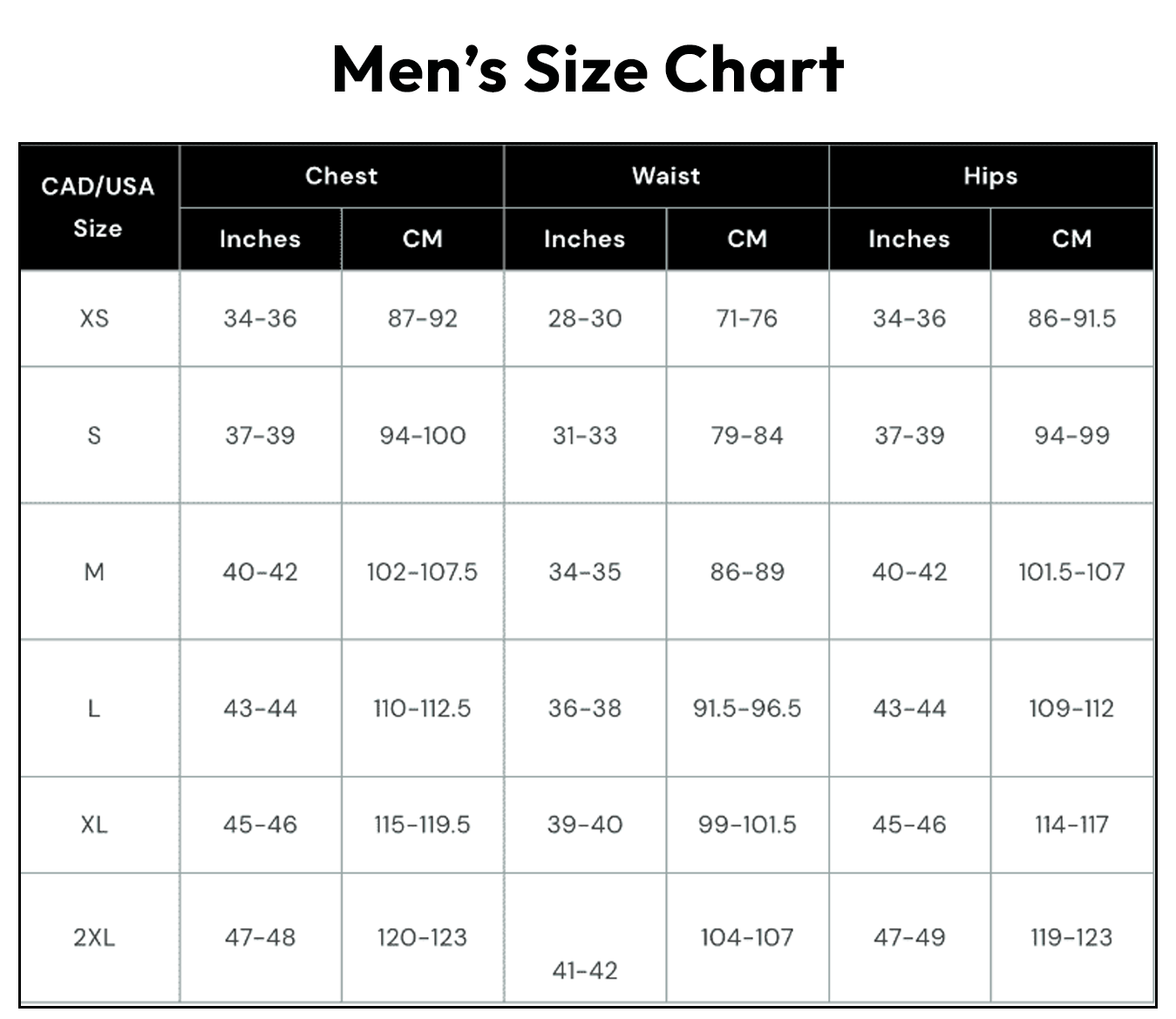 Men's Bottoms Size Chart.
