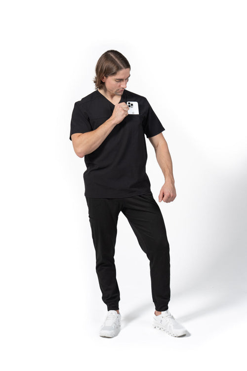 Black Men's V-Neck Scrub Top