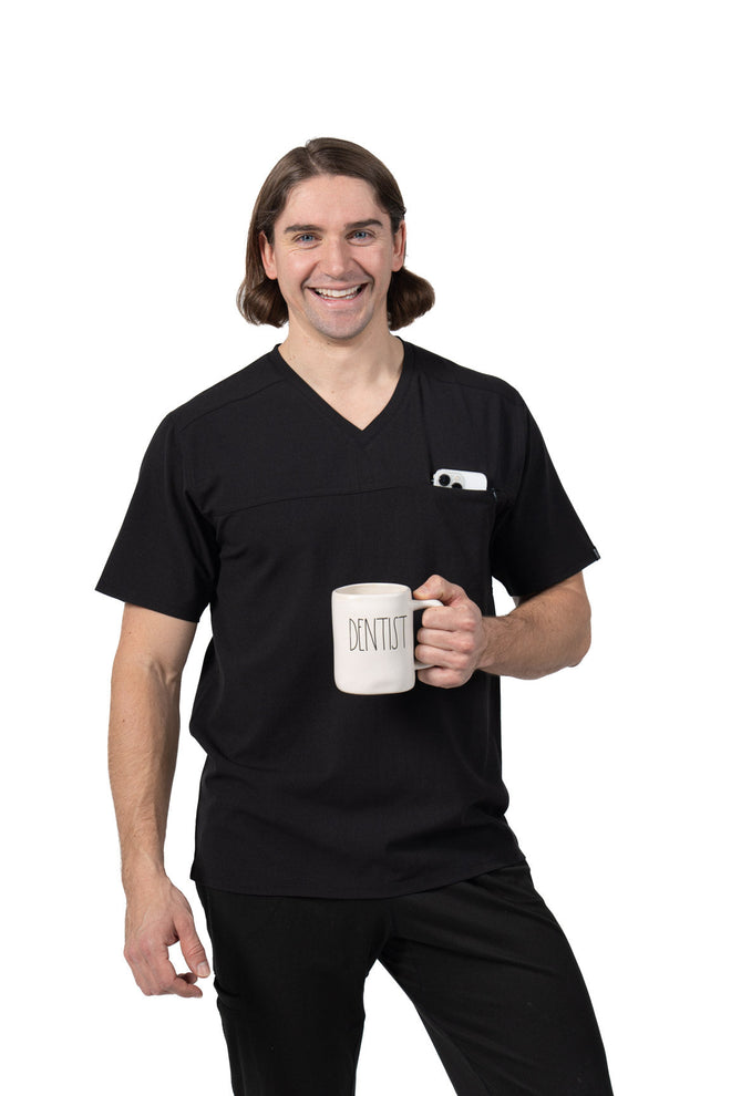 Black Men's V-Neck Scrub Top