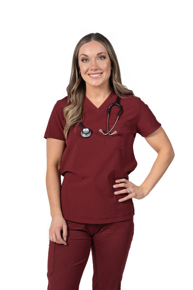 Women's One Pocket Scrub Top V-Neck Red